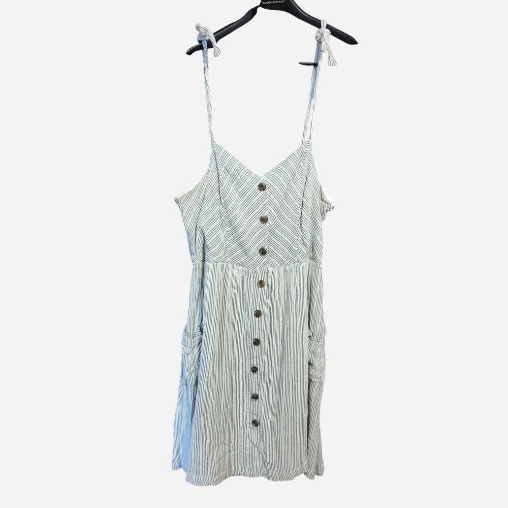 LC Lauren Conrad Cream Grey Striped Dress Button Accent Tie Straps Pockets XXL